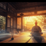 A traveler practicing Zen meditation inside a traditional Japanese temple during a temple stay experience.