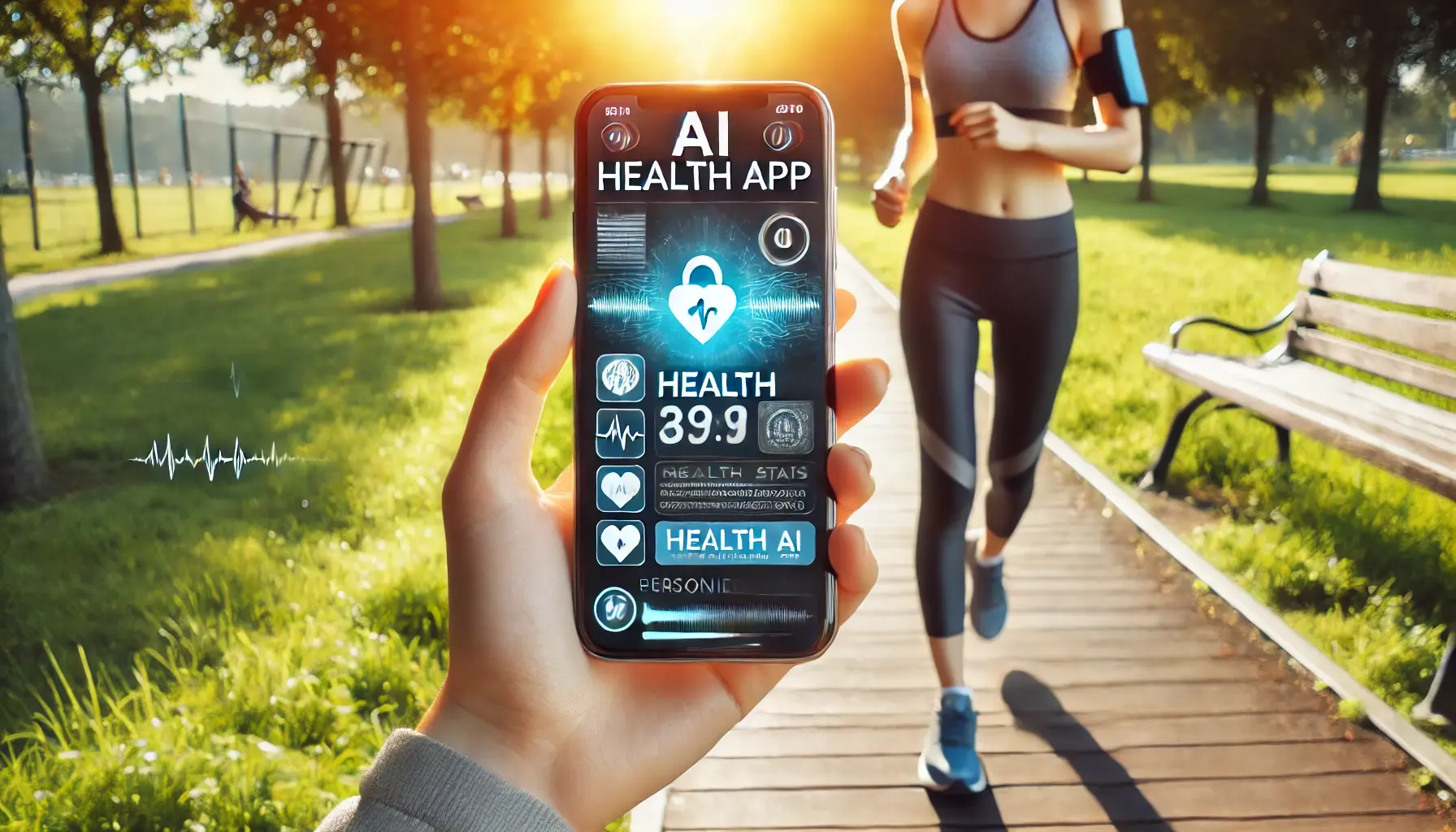 Jogging with AI health app in park
