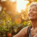 A smiling older woman doing yoga in the morning sun... healthy aging, hormone balance, and vitality.