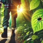 Person walking through a forest path in spring, with a visible tick on their leg – visual representation for Lyme disease prevention.