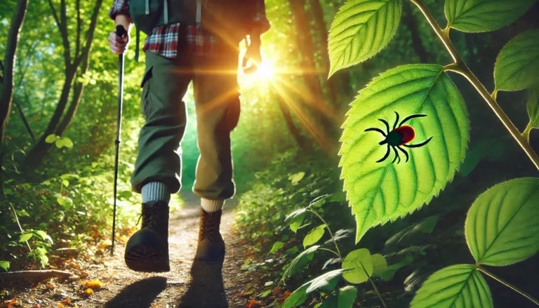 Person walking through a forest path in spring, with a visible tick on their leg – visual representation for Lyme disease prevention.